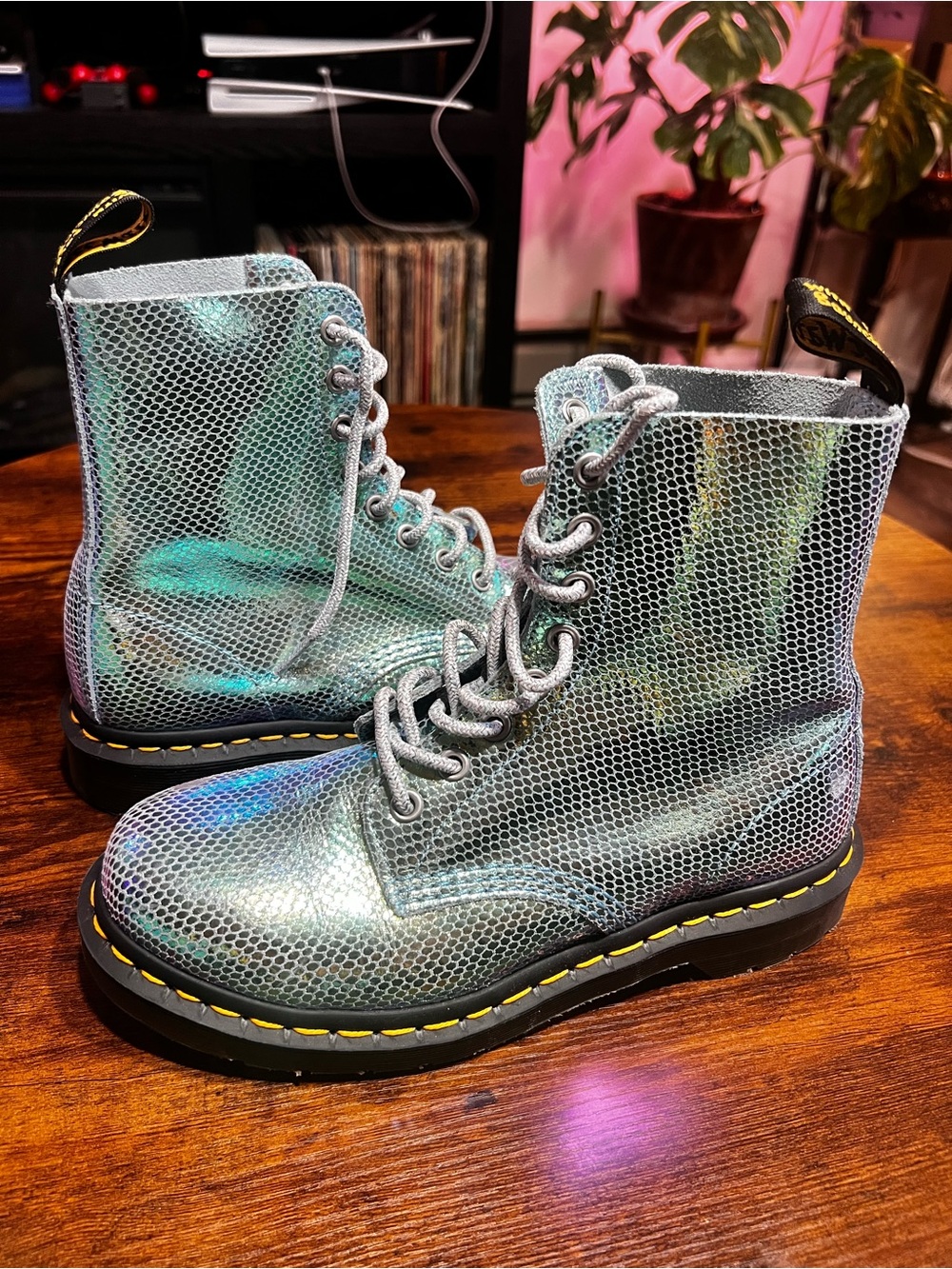 Dr. Martens Iridescent Green-Blue Lace-Up Combat Boots